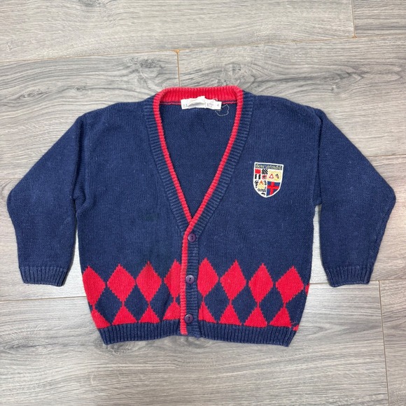 Basic Elements Other - Vintage Kids Navy Argyle Knit Cardigan Red Trim Bon Voyage Crest Patch Size 4